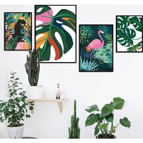 Nordic Print Canvas Painting Wall Art Poster Modern Abstract Green Plants Flamingo Mural Home Decor Living Room Painting Prints