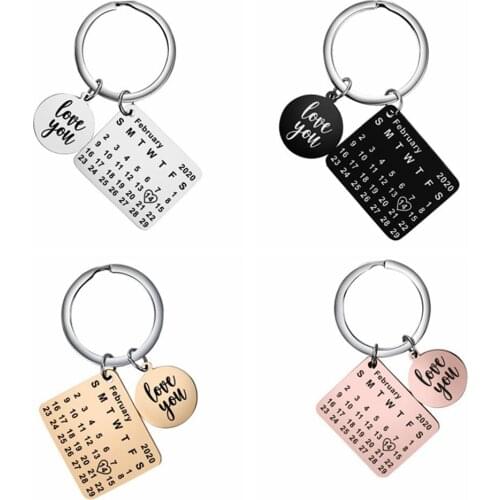 Stainless Steel Heart Square Shape 2020 Calendar Keychain Key Ring Birthday Gift