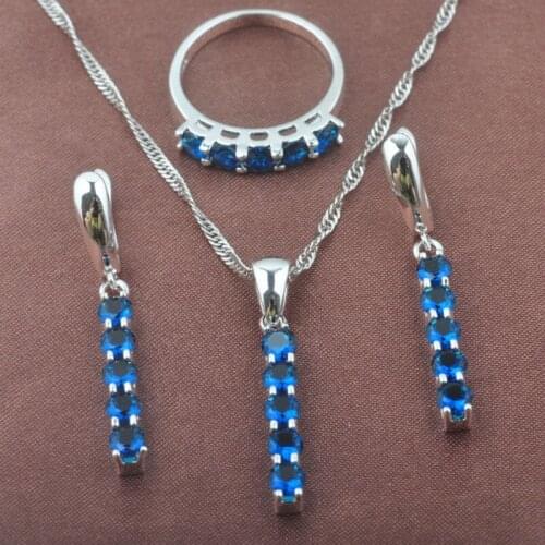 Classic New Blue Zircon Womens Silver Color Jewelry Sets Necklace Pendant Earrings Ring TZ0405