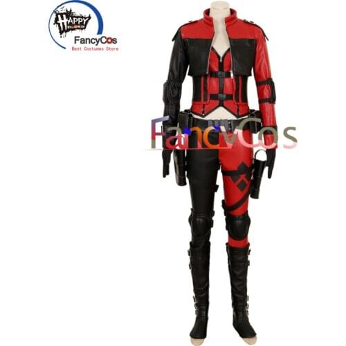 Harley Superhero Quinn Costume Harleen Quinzel Cosplay Joker PU Leather Coat Jacket Pants Belt Gloves Cosplay Costumes Adult