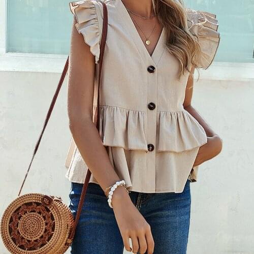 Cotton Summer Sheelveless Ruffle Stitching Blouse V-neck Causel Chic Button Women Tops Elegant Soild Color Women Blous