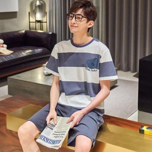 Summer Mens Cotton Pajamas Cartoon Blue Striped Short Sleeve Sleepwear Casual Soft Outwear Plus Size 3XL Men Homewear Nightwear