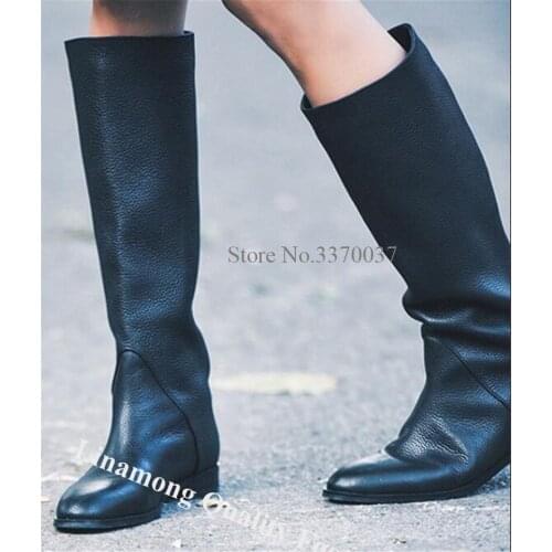 Linamong Western Fashion Pointed Toe Knee High Flat Boots Black Leather Long Flat Boots Vogue Casual Street Boots High Quality