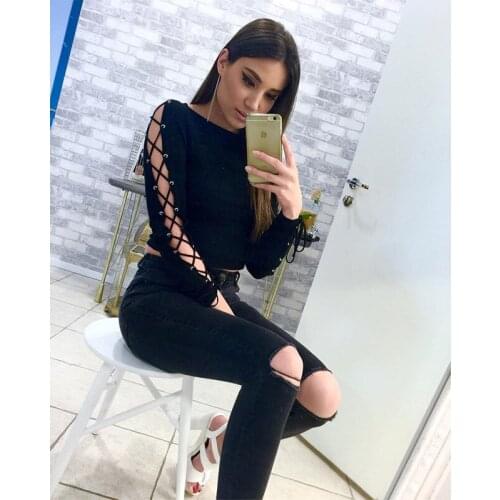 Meihuida Autumn Ladies Black Sexy Friday Deals Hollow Out Bandage O-Neck Long Sleeve Skinny Short Shirt Clubwear