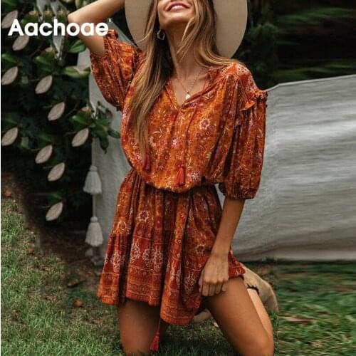 Aachoae Bohemian Printed Mini Dress Women Holiday Style Ruffle Short Sleeve Dresses Vintage A Line Beach Sundress Vestidos Mujer