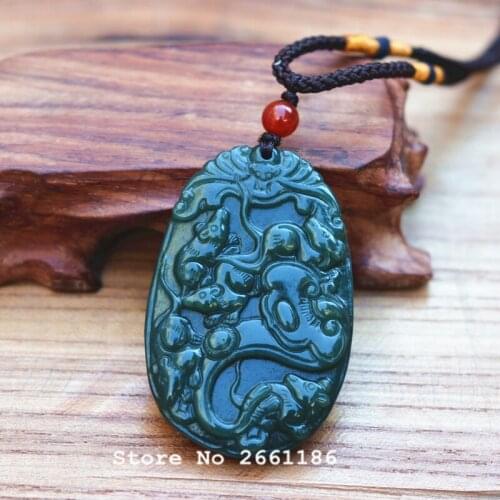 Natural Dark Green HETIAN Nephrite Pendant 3D Carved Pendant Necklace Gift For Women Mens jades Jewelry Free Rope