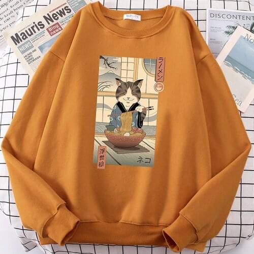 Neko Ramen Ukiyo-e Japan Comics Print Clothing Male Pattern Oversize Hoody Fashion Fleece Sweatshirt Fashion Crewneck Hoodies