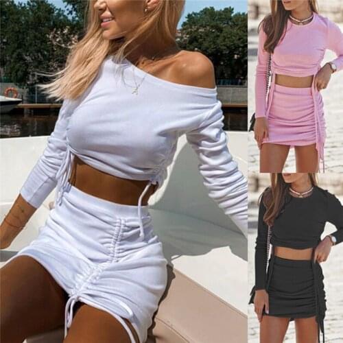 2020 Autumn Casual Drawstring Pleated Suit O-Neck Long Sleeve T-shirt And Bodycon Skirt 2PCS Sets Women Slim Solid Club Outfit
