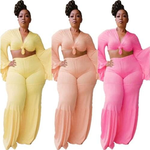 2021 Autumn Solid Plus Size Outfits Drop-shipping New Arrivals Sexy V-neck Flared Sleeve Crop Tops High Waist Loose Pants Sets