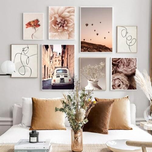 Peony Balloon Palm Leaf Car Abstract Lines Retro Wall Art Canvas Painting Posters And Prints Living Room Nordic Style Decoration