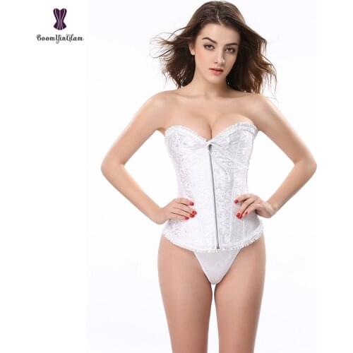 Zip Front Floral Pleated Trim Bustier Fancy Women Corset Sexy Laced Lingerie Vintage Underwear Corsets 819