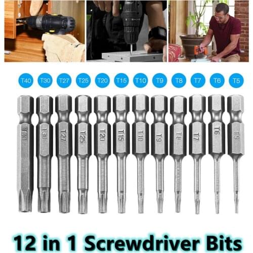 12-in-1 T5-T40 Magnetic Tamper Security Drill Bit Torx Hand/Electric Screwdriver Flat Head 1/4" Hex Shank Repair Tool