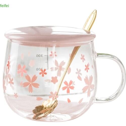 Cherry Blossom Glass Creative with Handle Cute Mug Female Household Heat-Resistant Transparent Scented Tea Water Cup