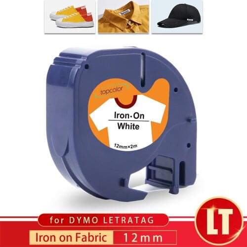 Topcolor 18769 Iron on Fabric Clothes Label Tape Compatible Dymo Letratag Label Maker LT-100H 18771 Black on White 12mm*2m Tape