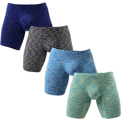 Mens Polyester No Ride Up Boxer Briefs Quick-Drying Long Leg Underwear Low Rise Trunks with Pouch US Size