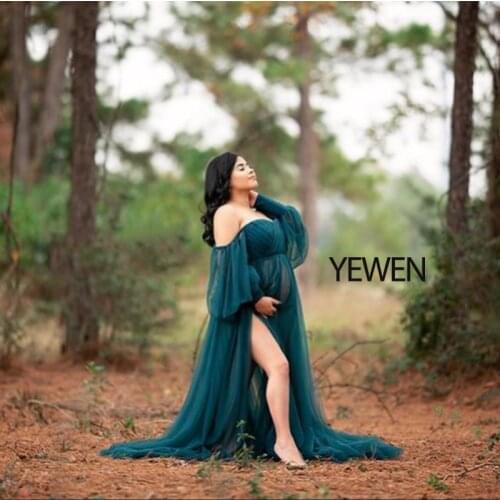 Tulle Off Shoulder Lace Up on Back Open Front Maternity Gown for Photo Shoot Baby Shower Yewendress