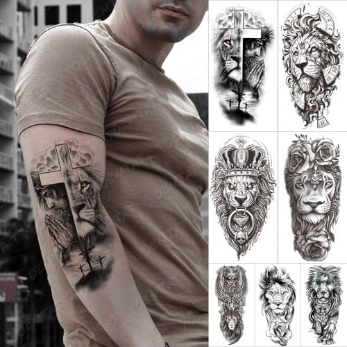 Waterproof Temporary Tattoo Sticker Praying Cross Lion Tatto Arm Wolf Cross Wild Animals Body Art Arm Fake Sleeve Tatoo Men