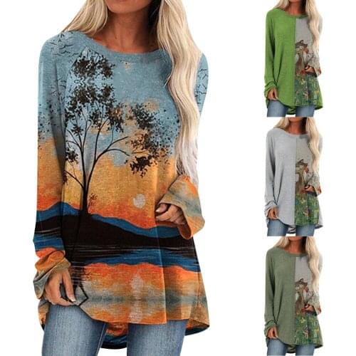 2021 New Women Spring T shirts Long Sleeve Natural Scenery Print O-Neck Loose Comfy Tops Woman Plus Size Fashion Tops mujer