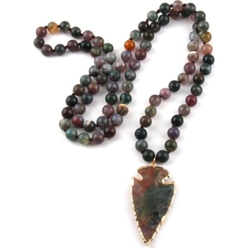 Fashion 8mm Natural India Agat Knotted Stones with Irregular Stone Arrowhead Pendant Handmade Necklace Women Jewelry