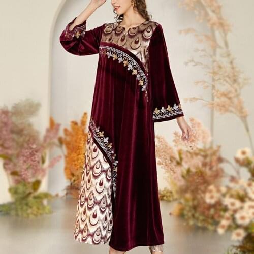 Plus Size Autumn Maxi Dresses Mujer Abaya Muslim Arabic dubai Robe Longue Femme Elbise Embroidery Velvet Dress Women Ropa 2021
