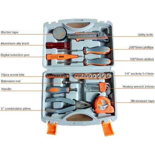 13pcs/kit home use hand tools set,pvc tape,knife,torch,screwdriver,induction pen,screw bits, sockets, L wrench, pliers, measure
