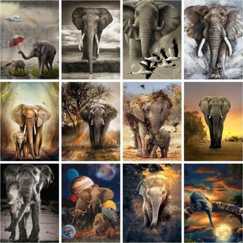 Huacan 5d Diy Diamond Painting Mosaic Elephant Wall Stickers Diamond Embroidery Animal Sunset Scenery Home Decor