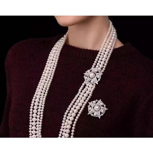 Free shipping Jewelry 6mm-8mm natural south sea white pearl necklace micro inlay zircon earring Brooch pendant