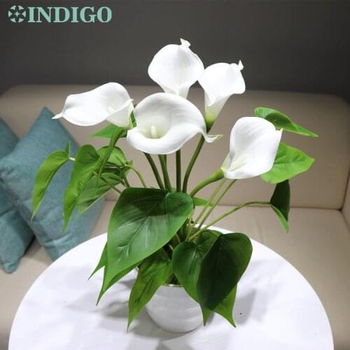 INDIGO White Calla Bouquet (12pcs leaves + 5 Flowers+ Vase ) Tulip Real Touch Wedding Display Artificial Decoration Home