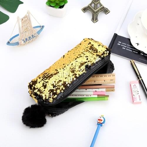 Creative Reversible Sequin Hairball Pencil Case For Girls Bts Stationery Gift Cute Student Pencil Box Kawaii Student Supplies