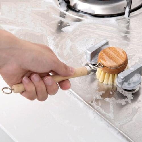 Wooden Long Handle Pan Pot Brush Dish Washing Oil Cleaning Brush Wash Pot Brushes Washing Dish Brush Non-Stick Kitchen Cleaning