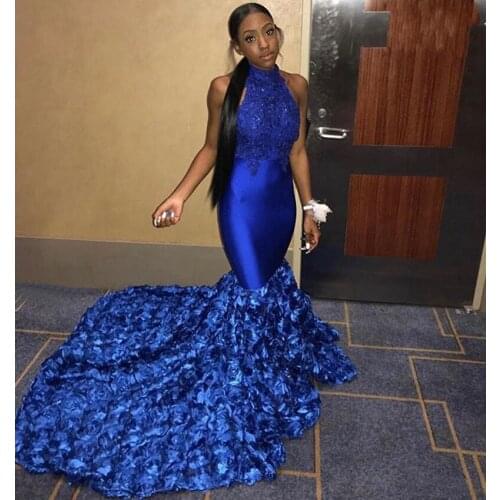 Sexy African Royal Blue Mermaid Prom Dresses 2019 Halter Sleeveless Appliques Lace Top Floral Prom Party Gowns Black Girls