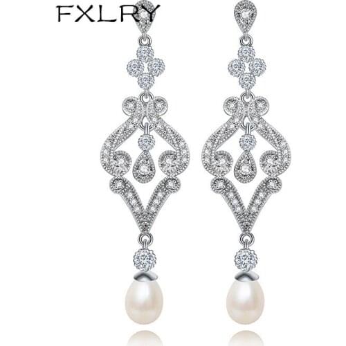 FXLRY New Design Luxurious White Color Cubic Zircon Long The Geometric Simulated Pearl Water Drop Earrings Wedding JEWELRY