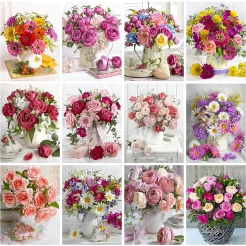 Huacan Diamond Painting Vase Of Flowers Cross Stitch 5d Diy Diamond Embroidery Rose Mosaic Decoration For Home