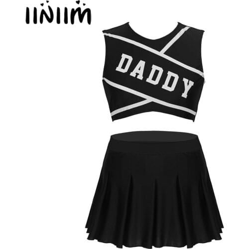 Iiniim Womens Adult Schoolgirl Charming Cheerleader DADDY Lover for Halloween Cosplay Costume Crop Top with Mini Pleated Skirt