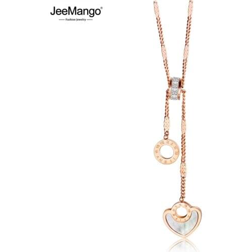JeeMango Roman Numeral Circle Heart Stainless Steel Wedding Necklaces For Women Fashion Lady Charm CZ Choker Necklace JN18286