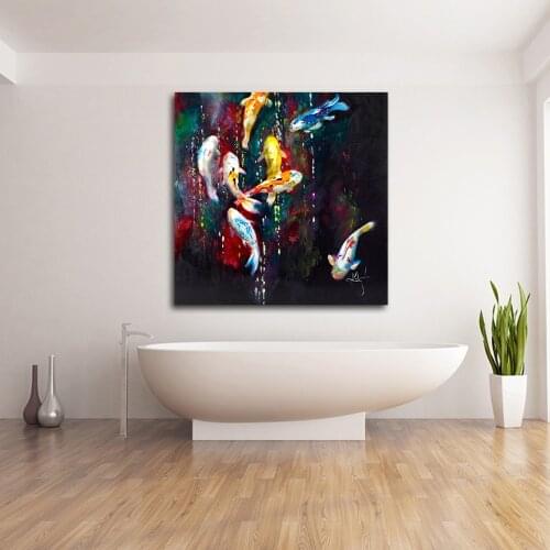 JQHYART Wall Painting Orange Flowers Koi Fish Animal Painting Home Decor Modern Wall Art Canvas Prints No Frame Picture