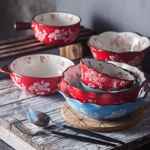 Ceramic Fruit Salad Bowl Set Nordic Tableware Cherry Pattern Household Pasta Binaural Noodle Bowl Ovenwa