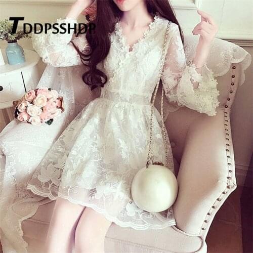 Sweet Refreshing Women Dress Embroidery Lace Flare Sleeve V Neck Spring Sleeve Transparent Female Dresses