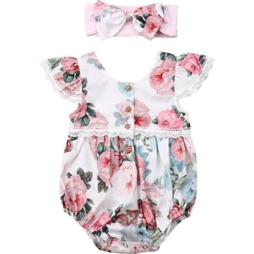 0-24M Cute Newborn Baby Girl Lace Fly Sleeve Floral Bodysuit Jumpsuit Playsuit Headband 2PCS Summer Clothes