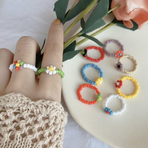 Fashion Women Trendy Korean Style Handmade Multi-color Small Flowers Rice Beads Ring Girl Jewelry Stretch Weave Women Rings