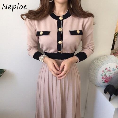 Neploe Back Drawstring Bow Knitted Dresses Women O-neck High Waist Pleated Dress Autumn Elegant Chic Button Vestidos 1H203