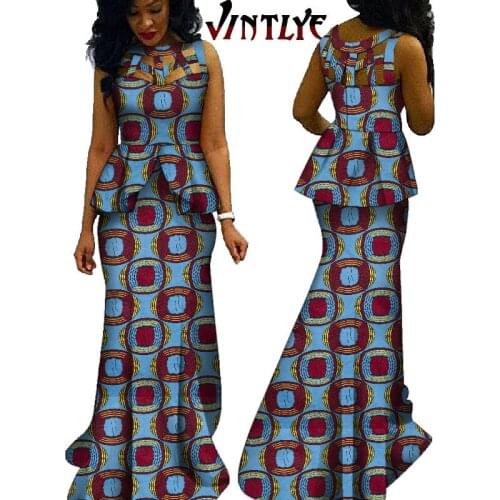 New Women Skirt and Top Set African Clothes Ankara Fashion Floral Print Dashiki Party Outfit Hollow Top and Pleated Skirt WY603