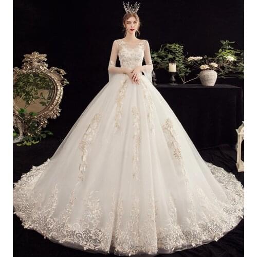 2021 New Style Beautifull Muslim Wedding Dress With Sleeve Long Court Trian For Bride Dresses Luxury Lace Gowns Vestidos Noiva