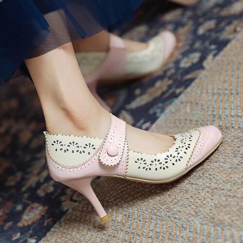 Shoes for Women 2021 Summer New Fashion Round Toe Thin High Heels Hook & Loop Mixed Colors British Style Pumps Pink Plus Size 43