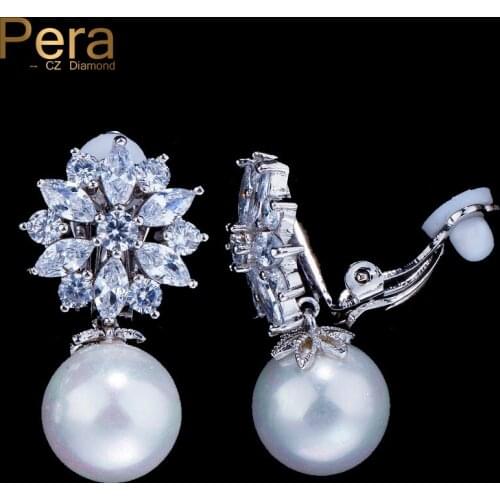 Pera New Fashion Korean Style Big Cubic Zirconia Flower Shape With Simulated Pearl Clip On Non Pierced Earrings For Women E385
