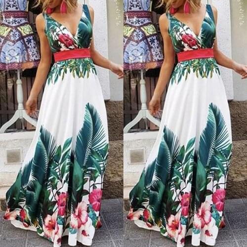 Women Dress Lady Summer Holiday Floral Print Beach Boho Maxi V-Neck Evening Party Sundress Sleeveless High Waist Clothing