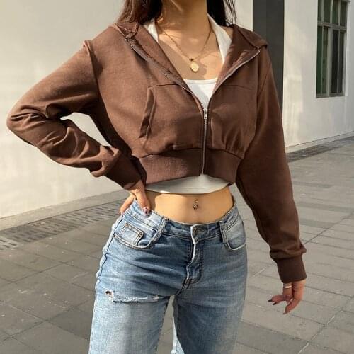 Casual Brown Cropped Hoodies Sweatshirt Women Pockets Basic Autumn Short Sportswear Jacket Solid Y2K Zipper Hoodie Sweatshirts