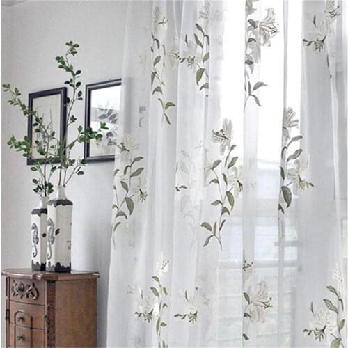 Floral lily Embroidered Green Leaves Sheer Curtains for Bedroom Drapes Elegant Tulle Drapes Curtains for Living Room MY049-5