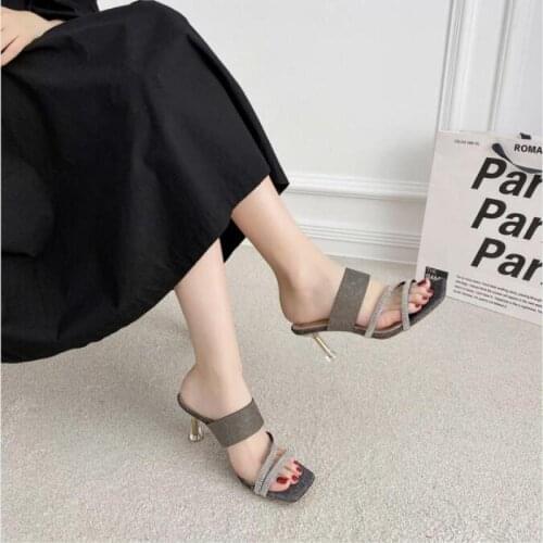 Summer New Fashion Crystal Sandals Shoes Square Toe Sandals Womens Shoes