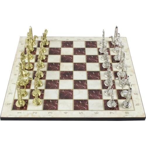 14.5 Inch Marble Design Chessboard and Figures Marble Patterned Chess Board Game Wooden Board Game with Egypt Pharaoh Figures